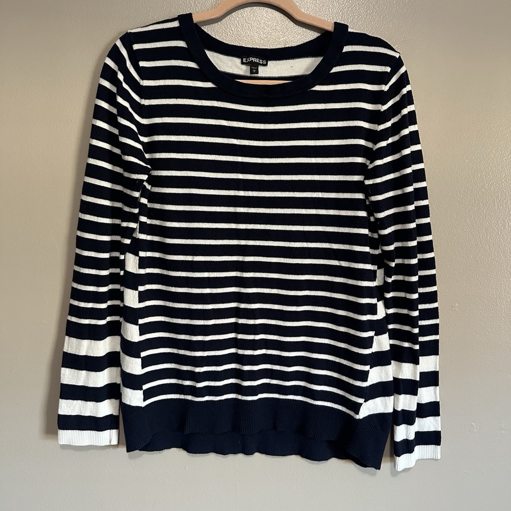 Express Women Lg Knit Long Sleeve Sweater White Blue Preppy School Nautical
